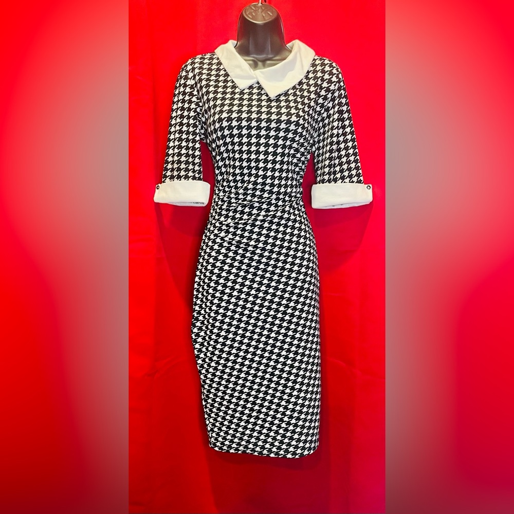 oxiuly Retro Bodycon Knee-Length Pencil Dress in Black and White Houndstooth